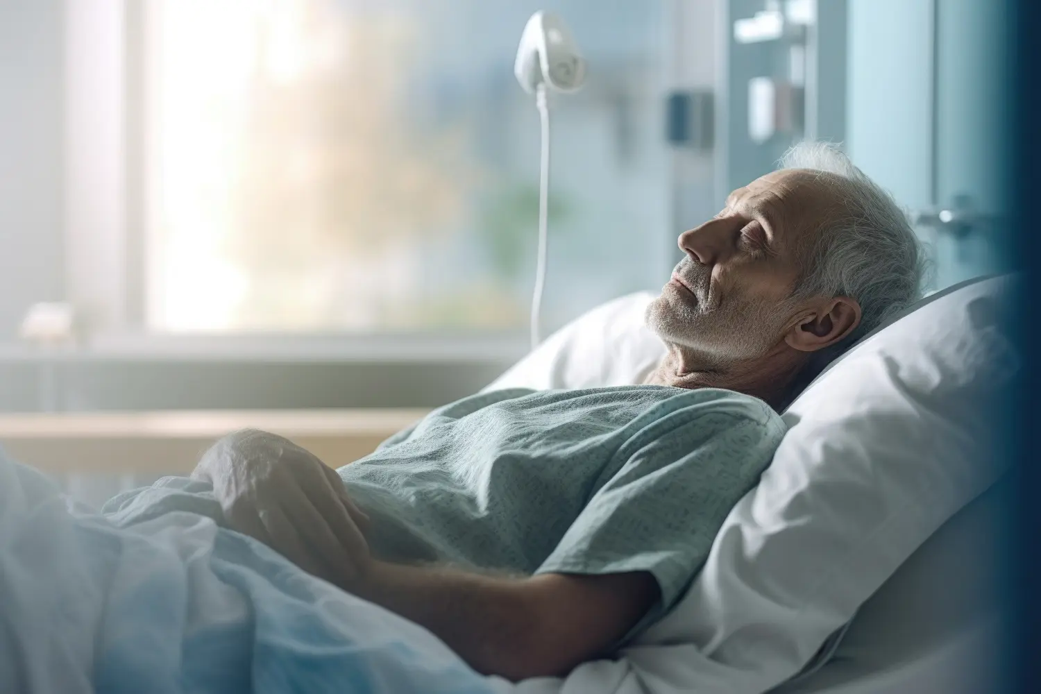 Älterer Patient schläft auf der Krankenstation im Bett